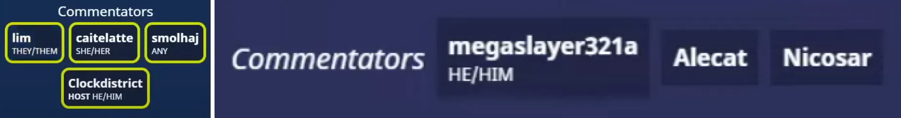 Graphic showing an examples of commentators and host names