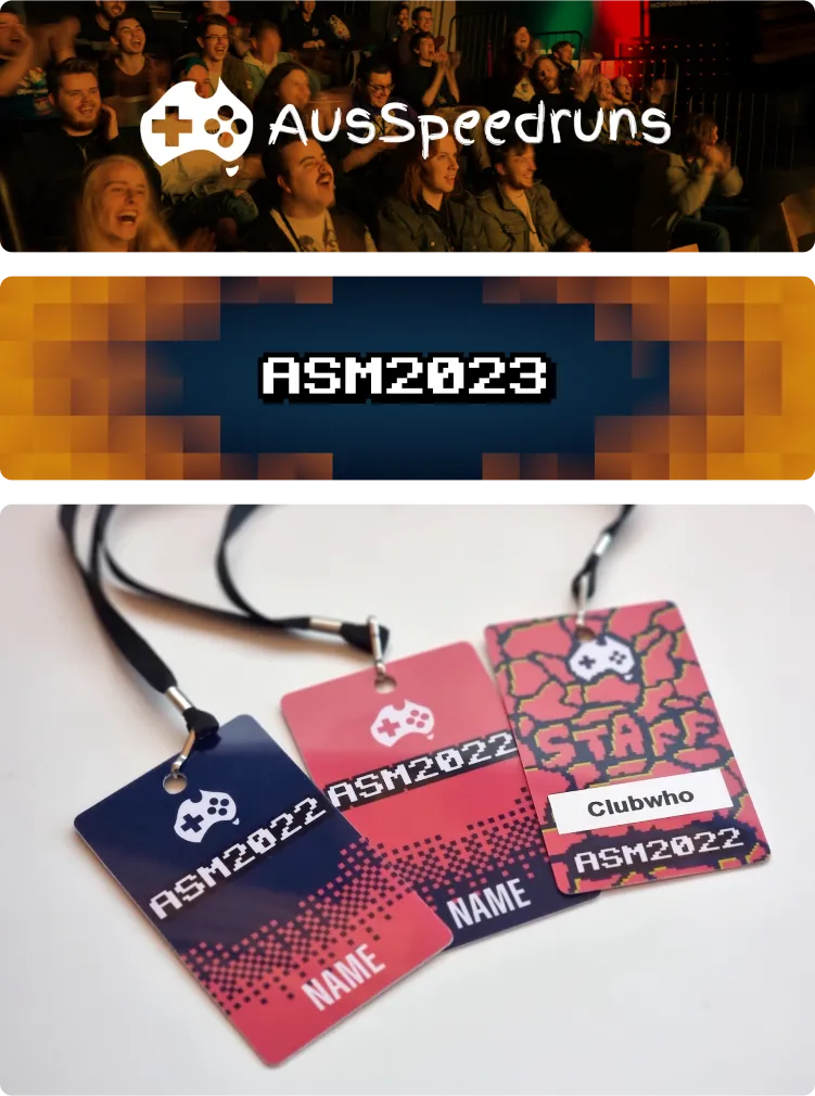 Three images of some designs I&#x27;ve done: ASM2023 Gradient Pixels hero image, AusSpeedruns orange with a background of the crowd cheering, three tickets from ASM2022