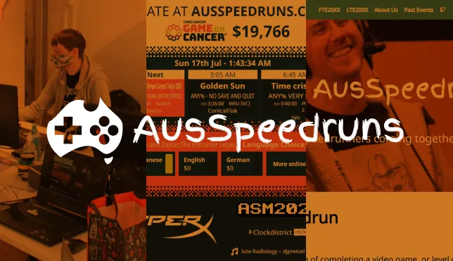 The AusSpeedruns logo over an orange background with a website, event and stream graphics behind it