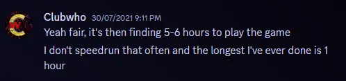 Message in Discord talking about doing a long speedrun